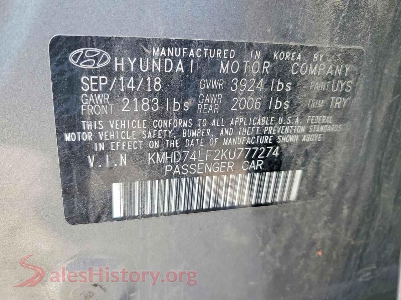 2019 HYUNDAI ELANTRA VIN KMHD74LF2KU777274, wheel and tire