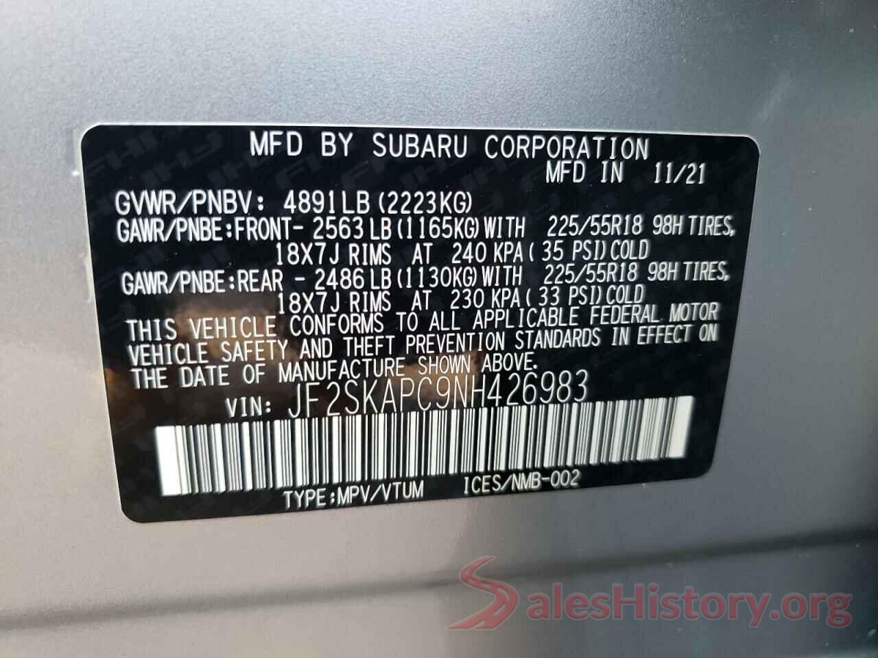 JF2SKAPC9NH426983 2022 SUBARU FORESTER