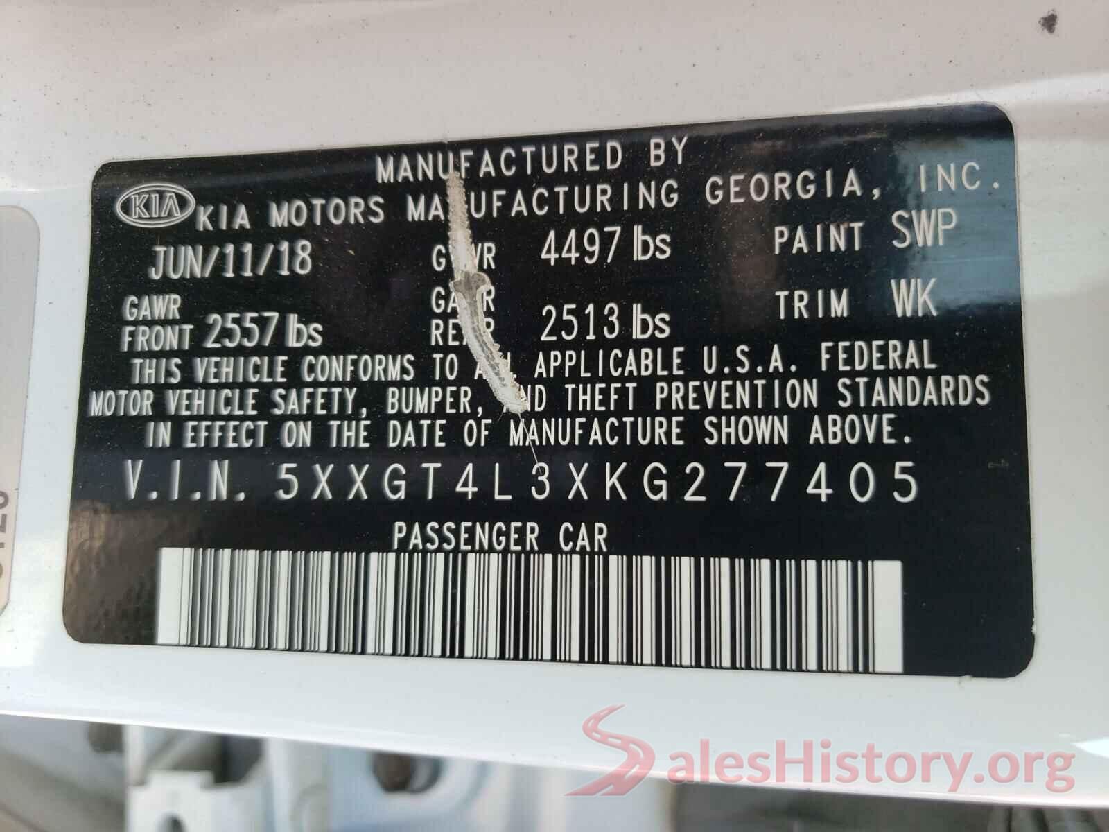 5XXGT4L3XKG277405 2019 KIA OPTIMA