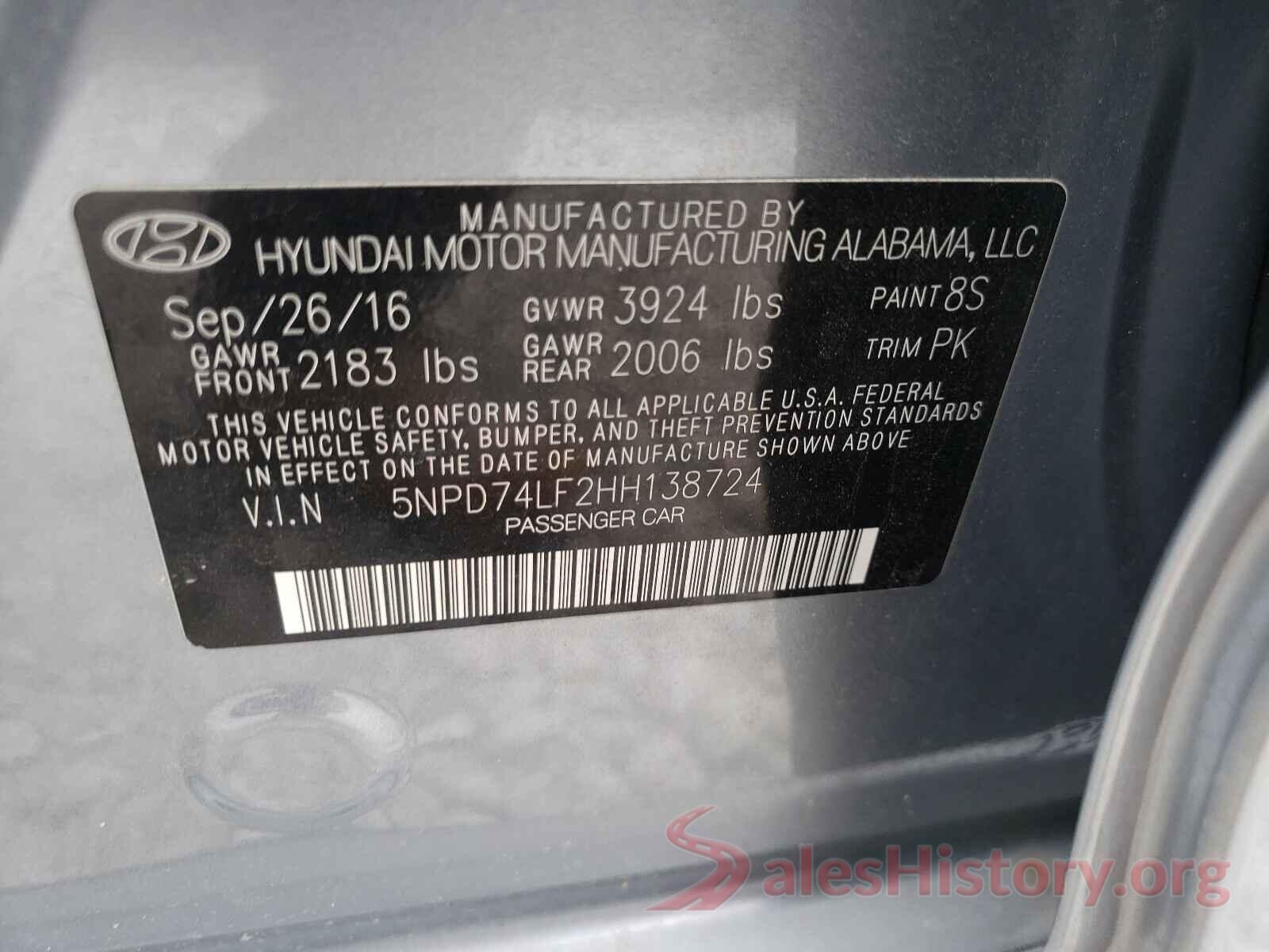 5NPD74LF2HH138724 2017 HYUNDAI ELANTRA