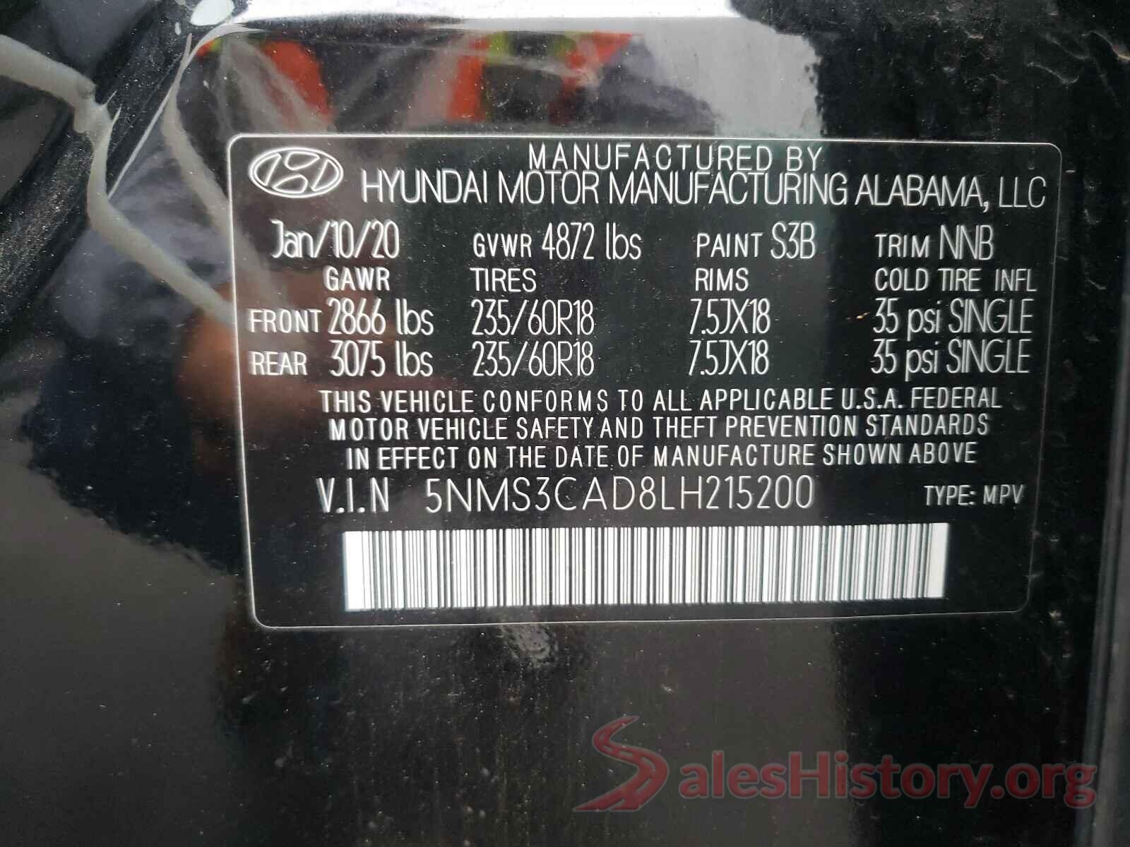 5NMS3CAD8LH215200 2020 HYUNDAI SANTA FE