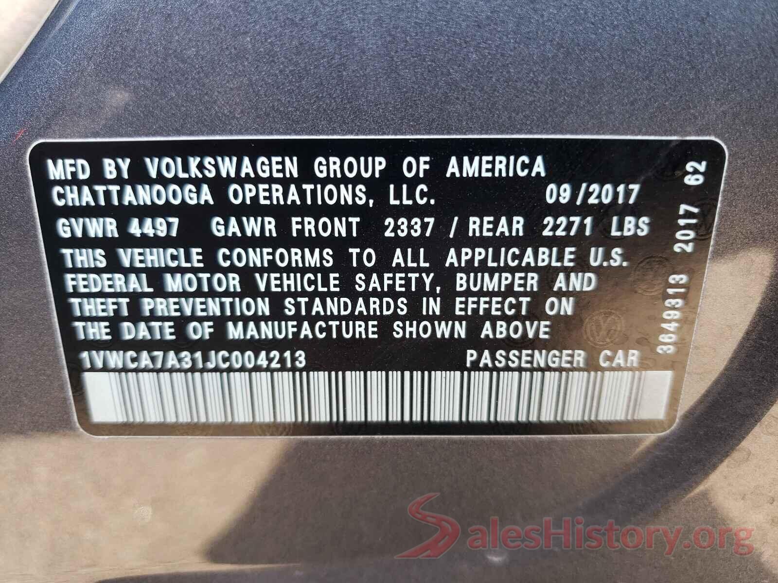 1VWCA7A31JC004213 2018 VOLKSWAGEN PASSAT