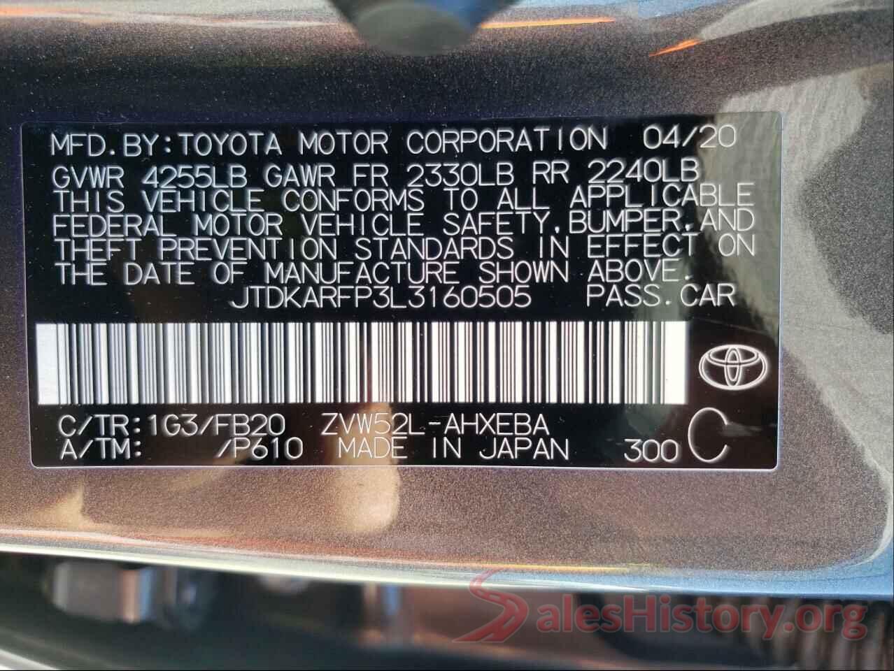 JTDKARFP3L3160505 2020 TOYOTA PRIUS