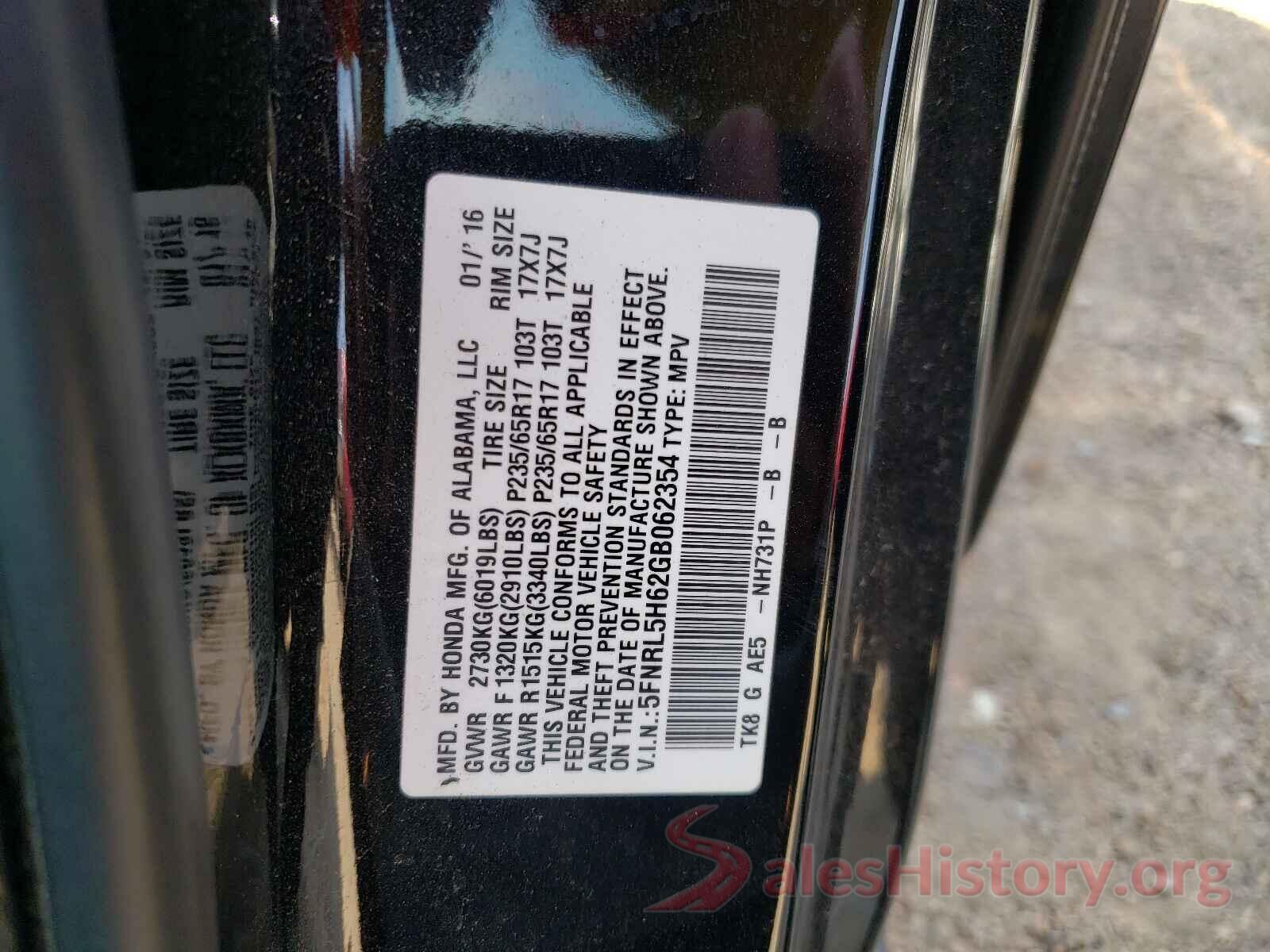 5FNRL5H62GB062354 2016 HONDA ODYSSEY