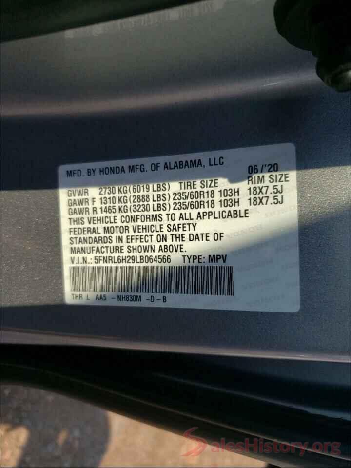 5FNRL6H29LB064566 2020 HONDA ODYSSEY