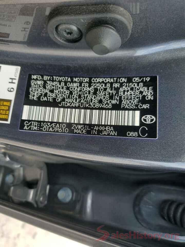 JTDKARFU1K3089468 2019 TOYOTA PRIUS