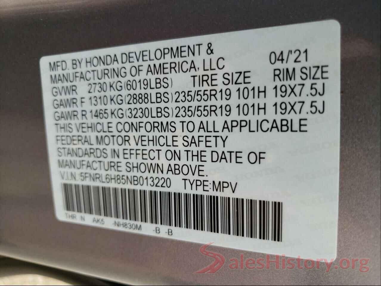 5FNRL6H85NB013220 2022 HONDA ODYSSEY