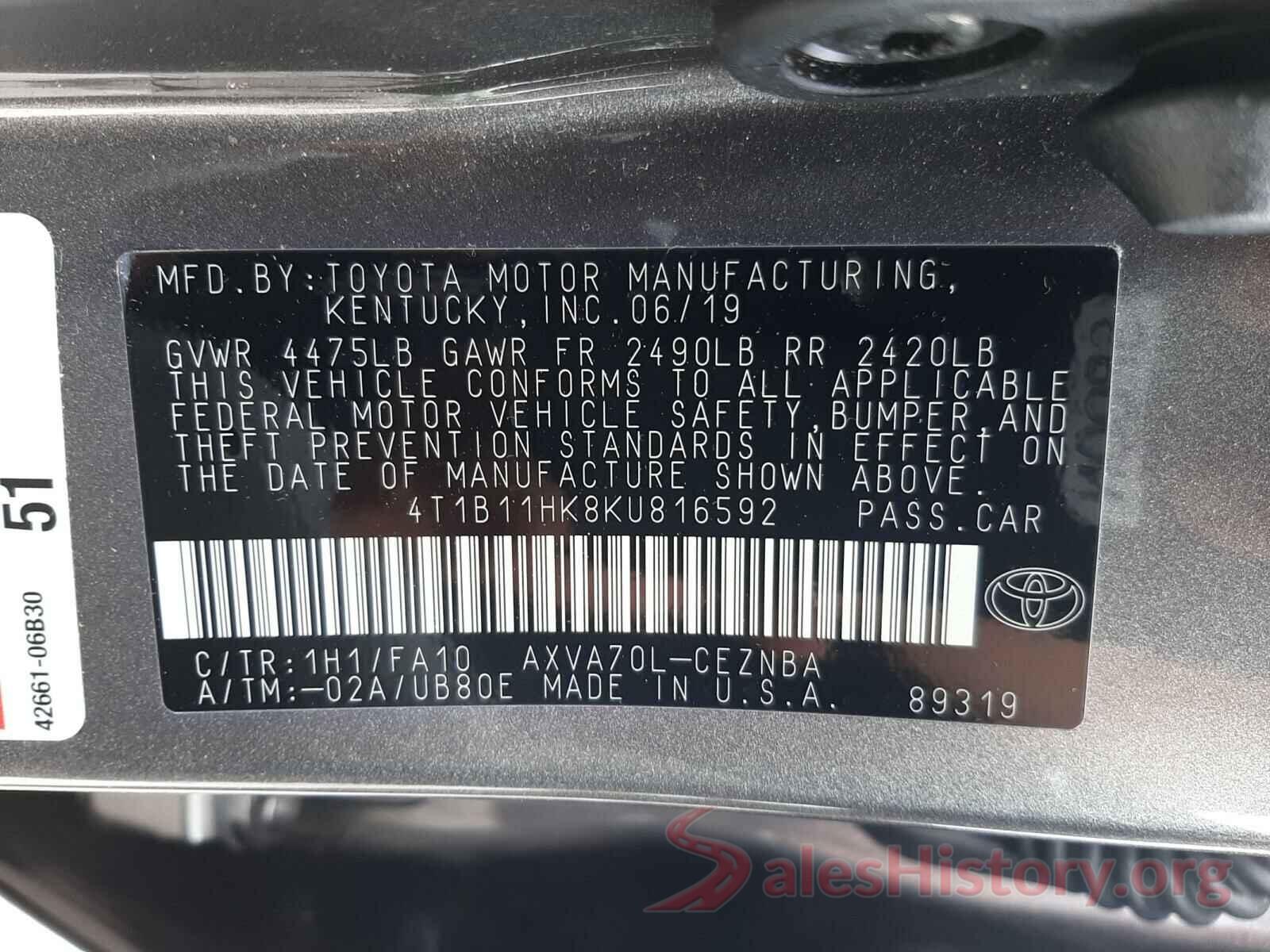 4T1B11HK8KU816592 2019 TOYOTA CAMRY