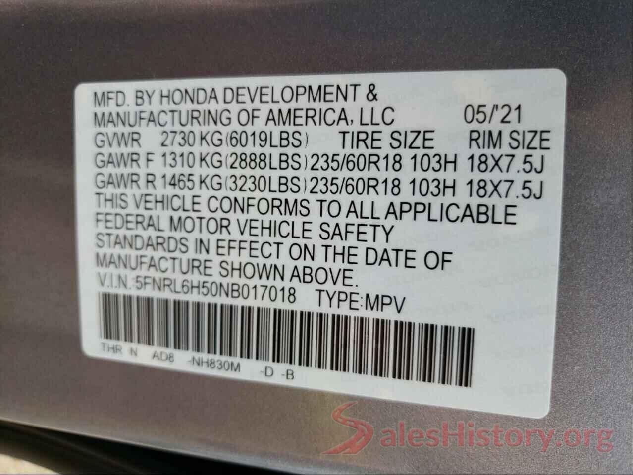 5FNRL6H50NB017018 2022 HONDA ODYSSEY