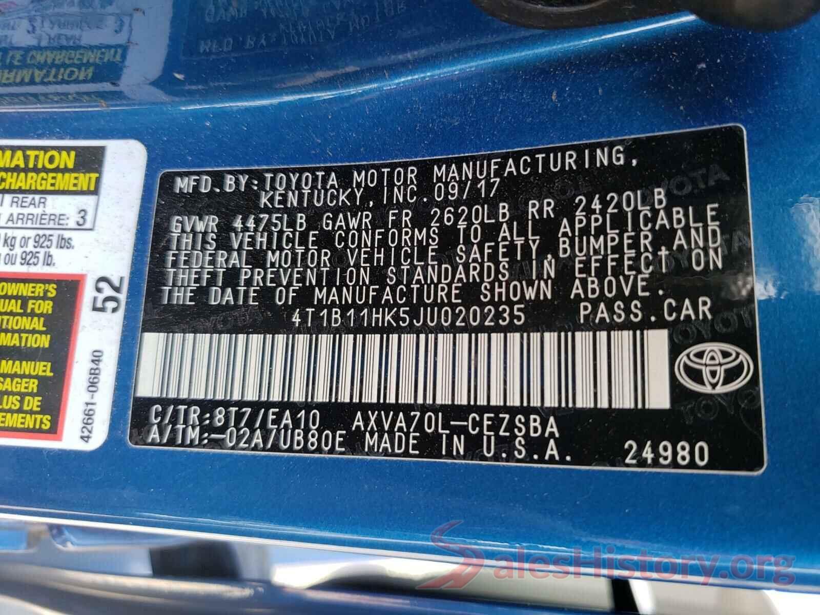 4T1B11HK5JU020235 2018 TOYOTA CAMRY