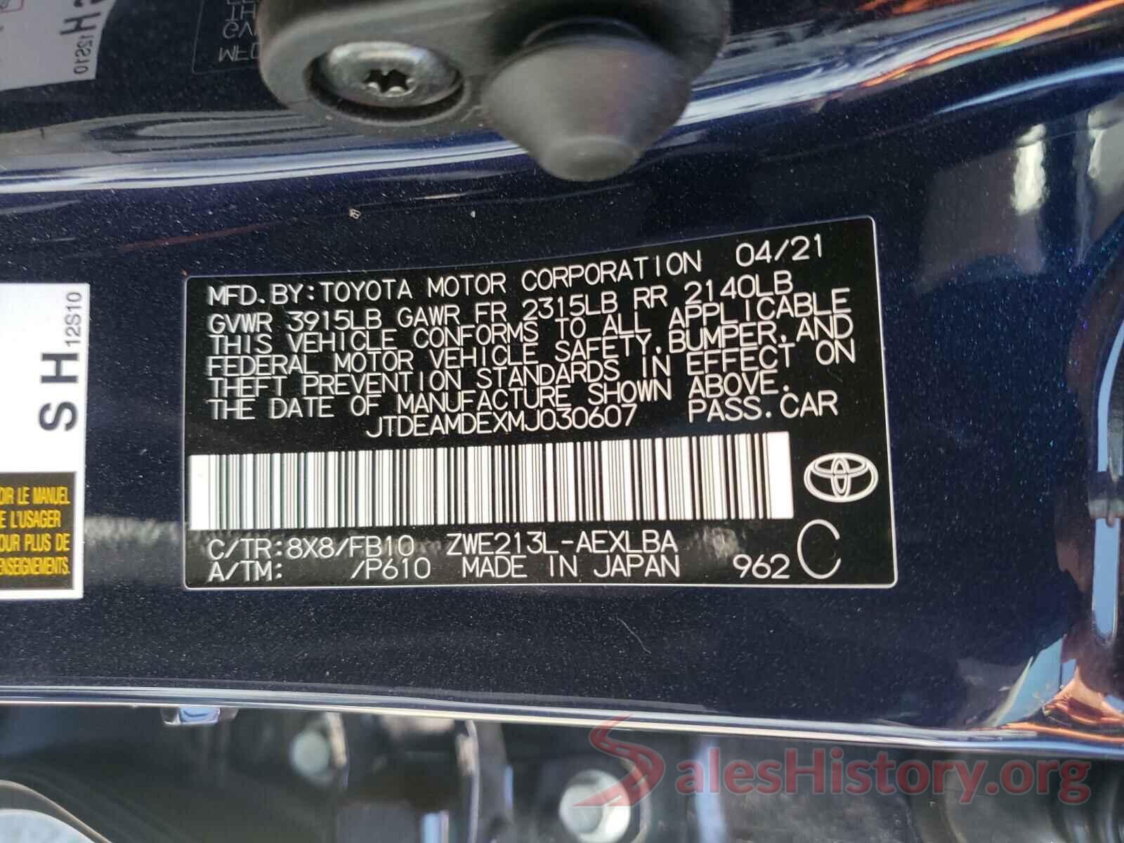 JTDEAMDEXMJ030607 2021 TOYOTA COROLLA