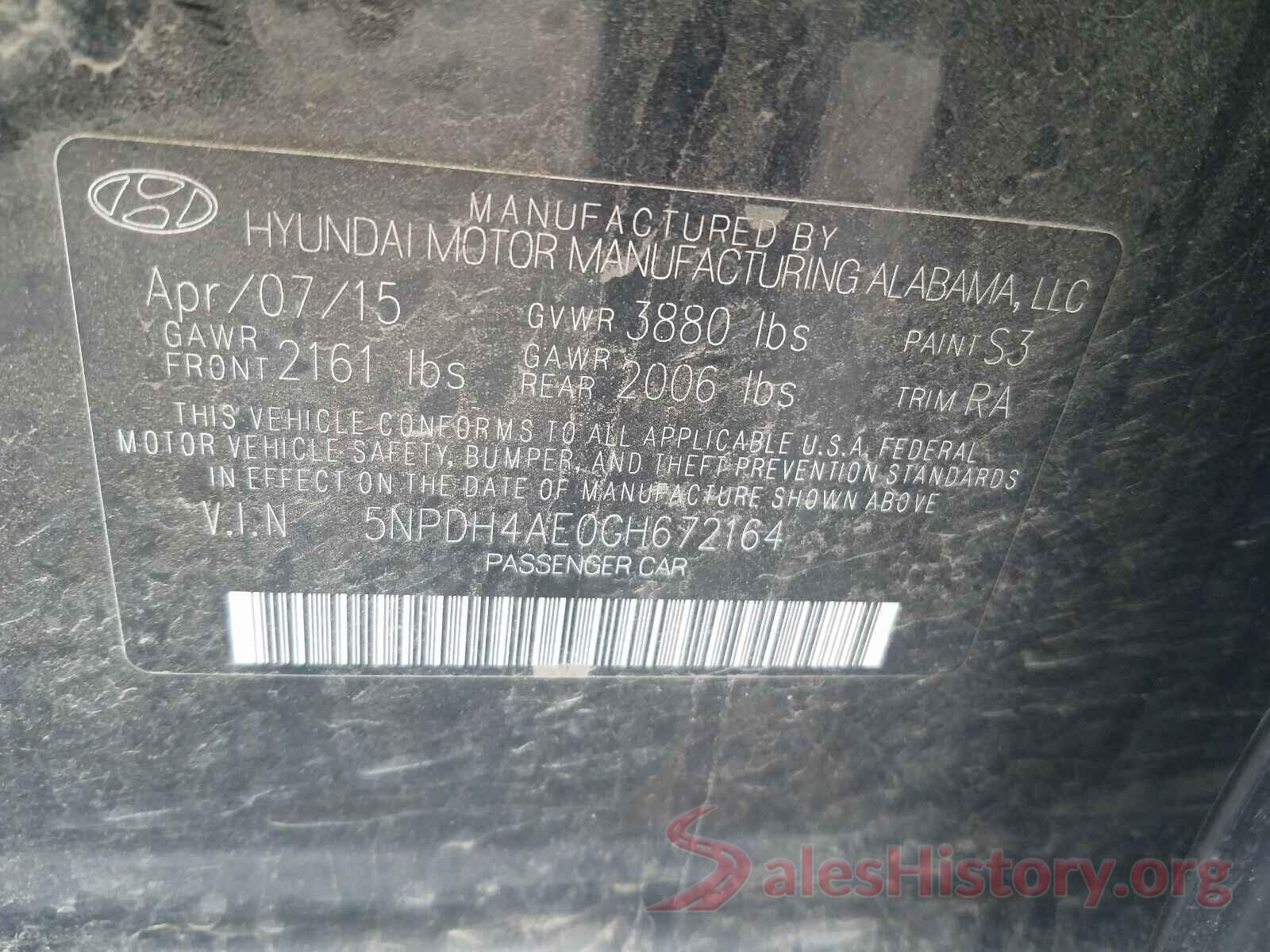 5NPDH4AE0GH672164 2016 HYUNDAI ELANTRA