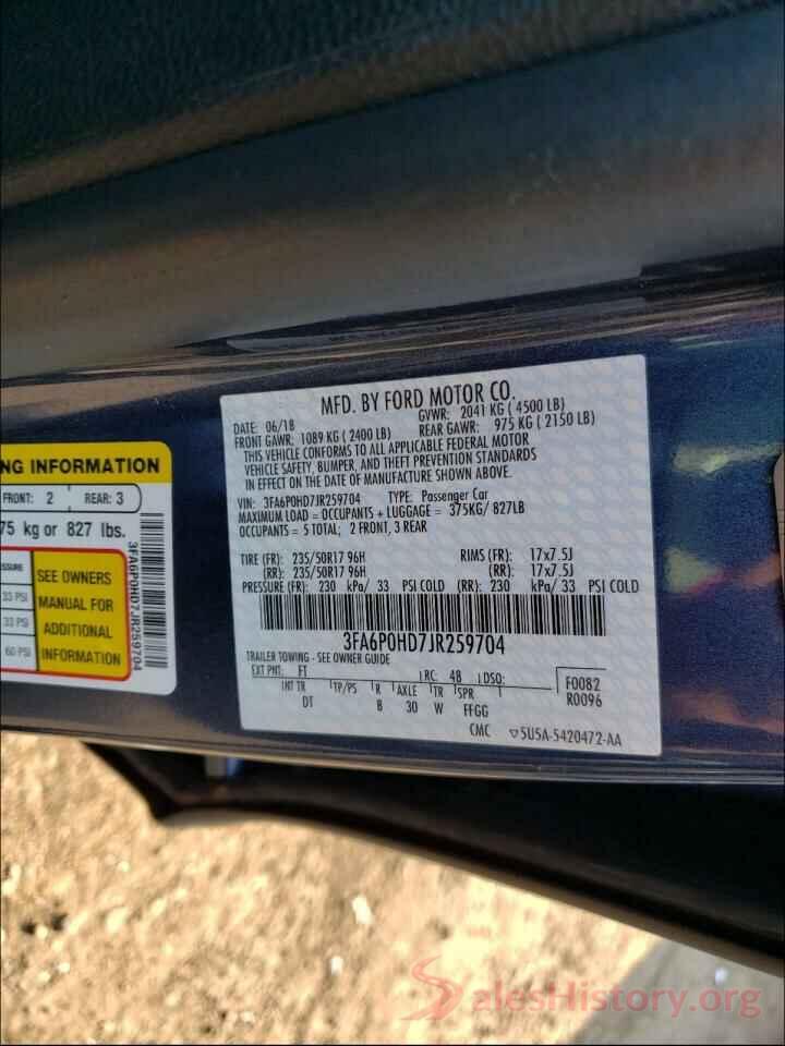 3FA6P0HD7JR259704 2018 FORD FUSION