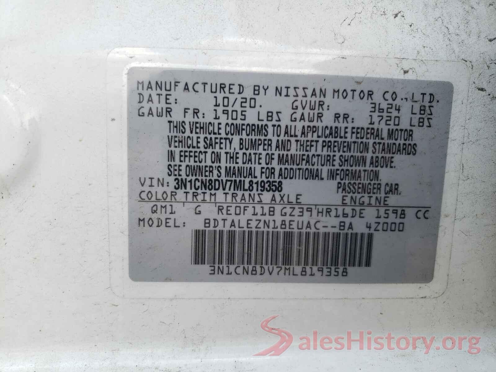 3N1CN8DV7ML819358 2021 NISSAN VERSA