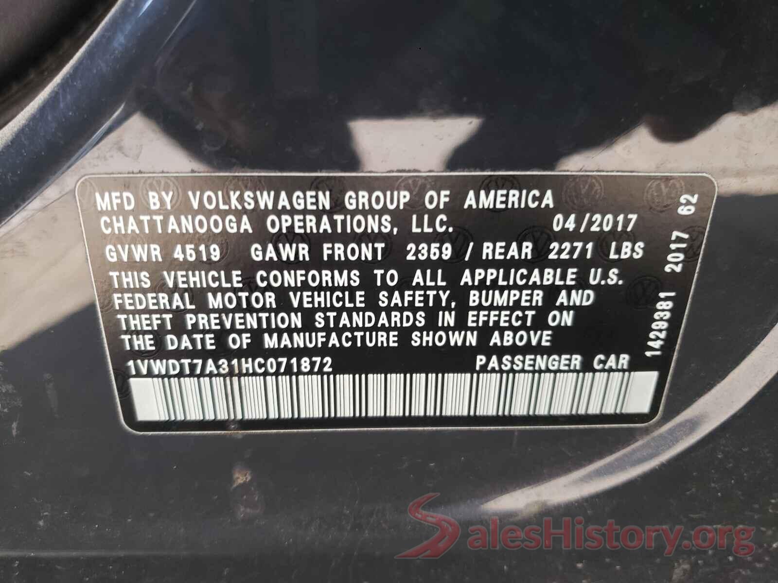 1VWDT7A31HC071872 2017 VOLKSWAGEN PASSAT