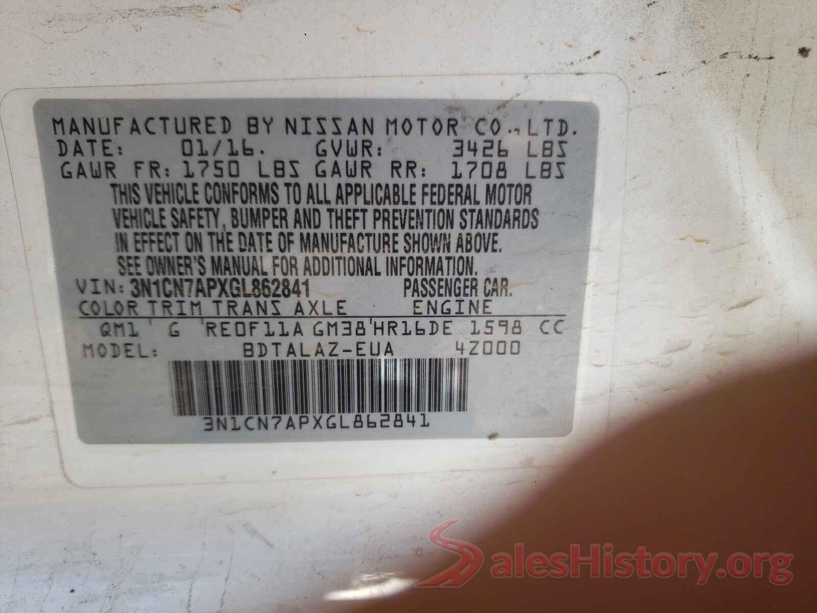 3N1CN7APXGL862841 2016 NISSAN VERSA