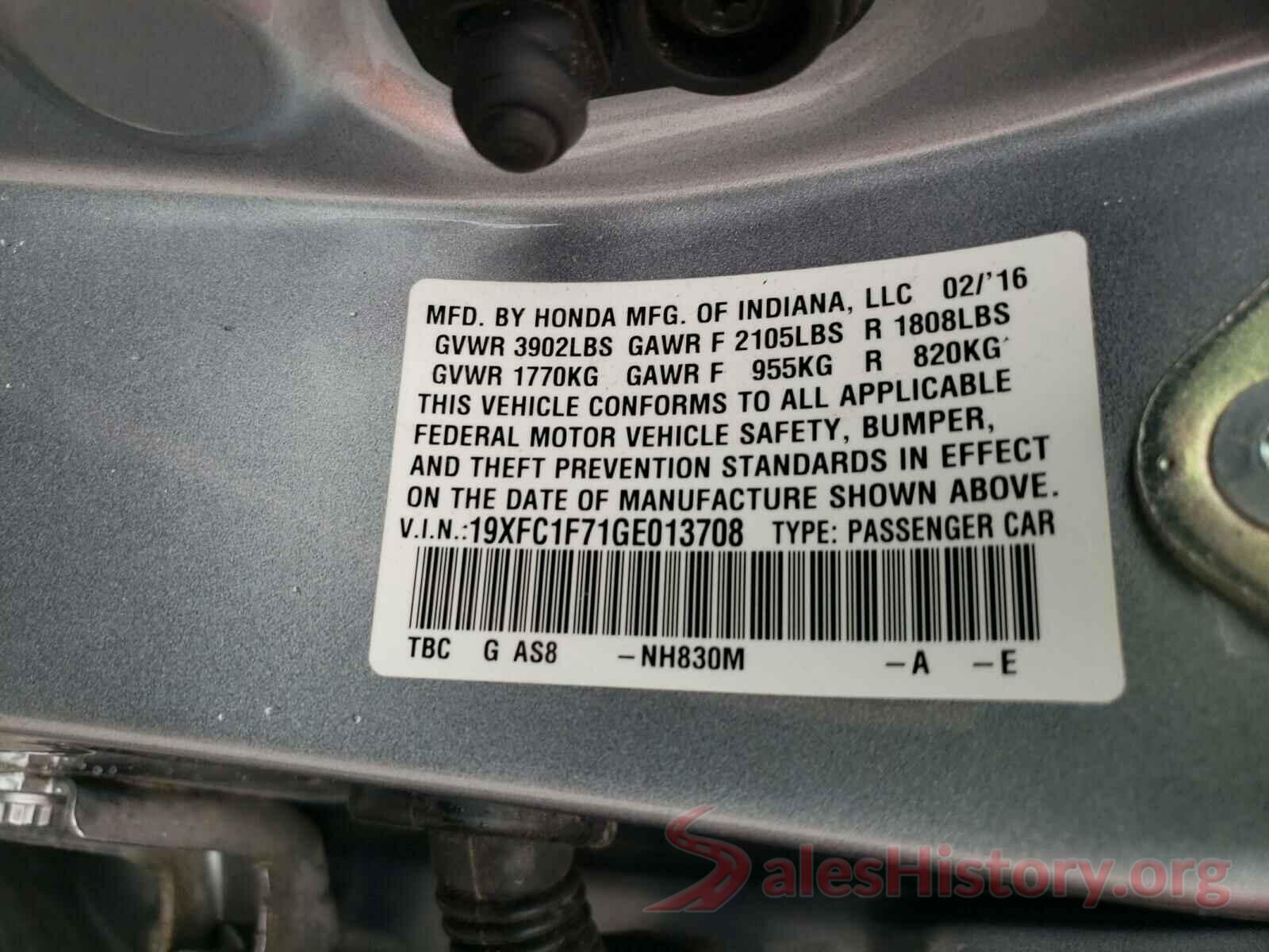 19XFC1F71GE013708 2016 HONDA CIVIC