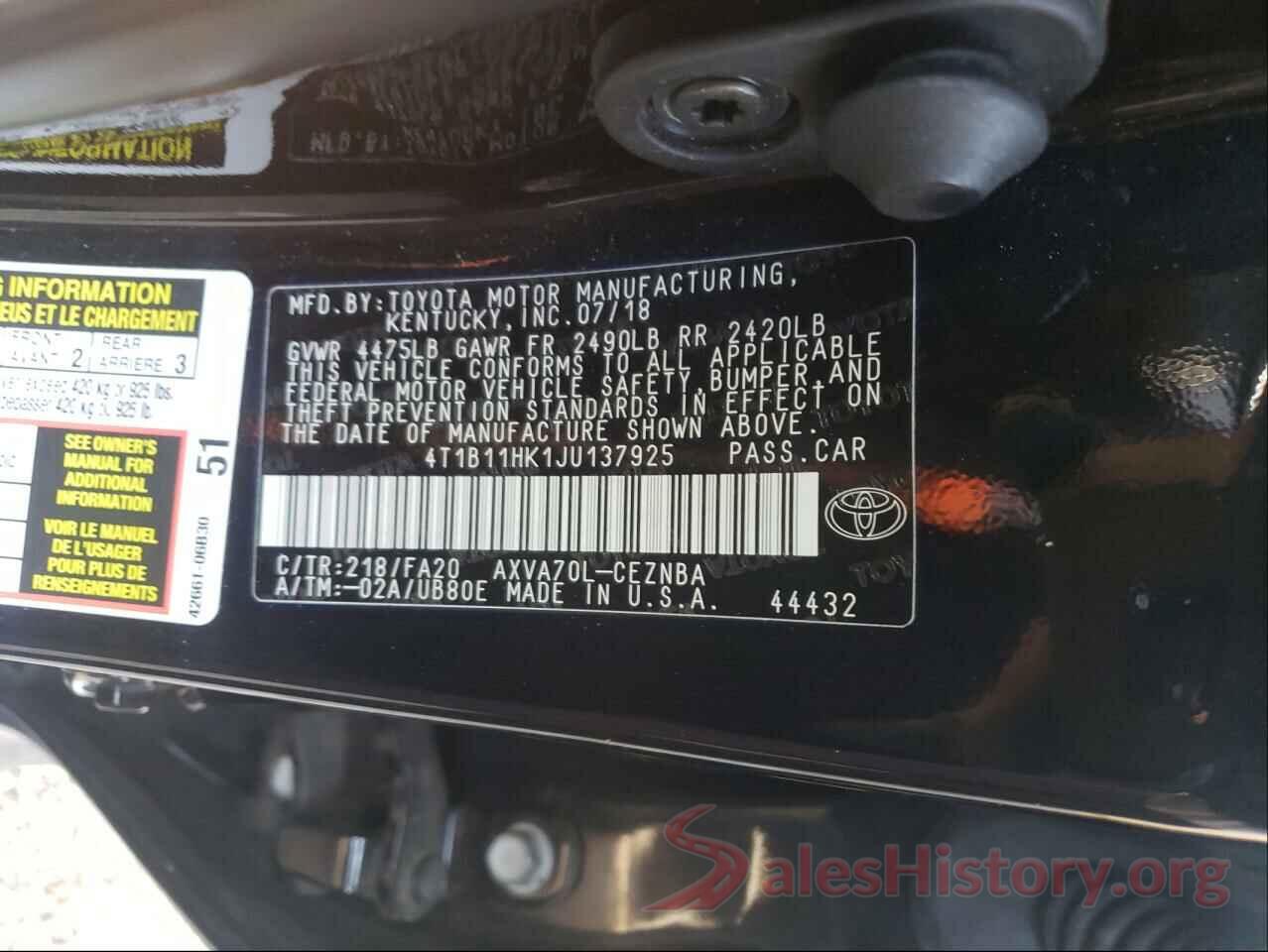 4T1B11HK1JU137925 2018 TOYOTA CAMRY