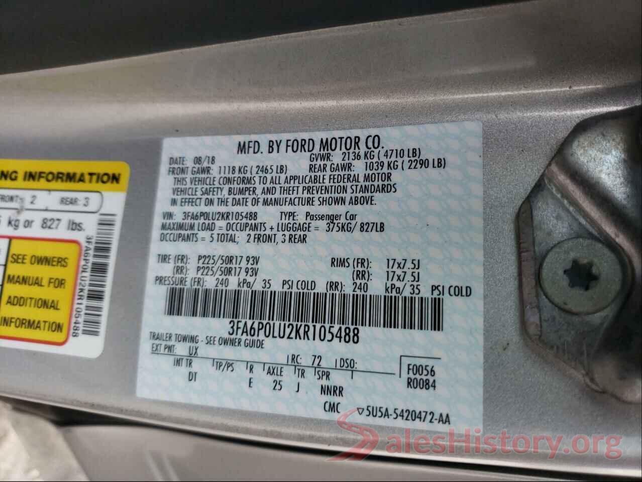 3FA6P0LU2KR105488 2019 FORD FUSION