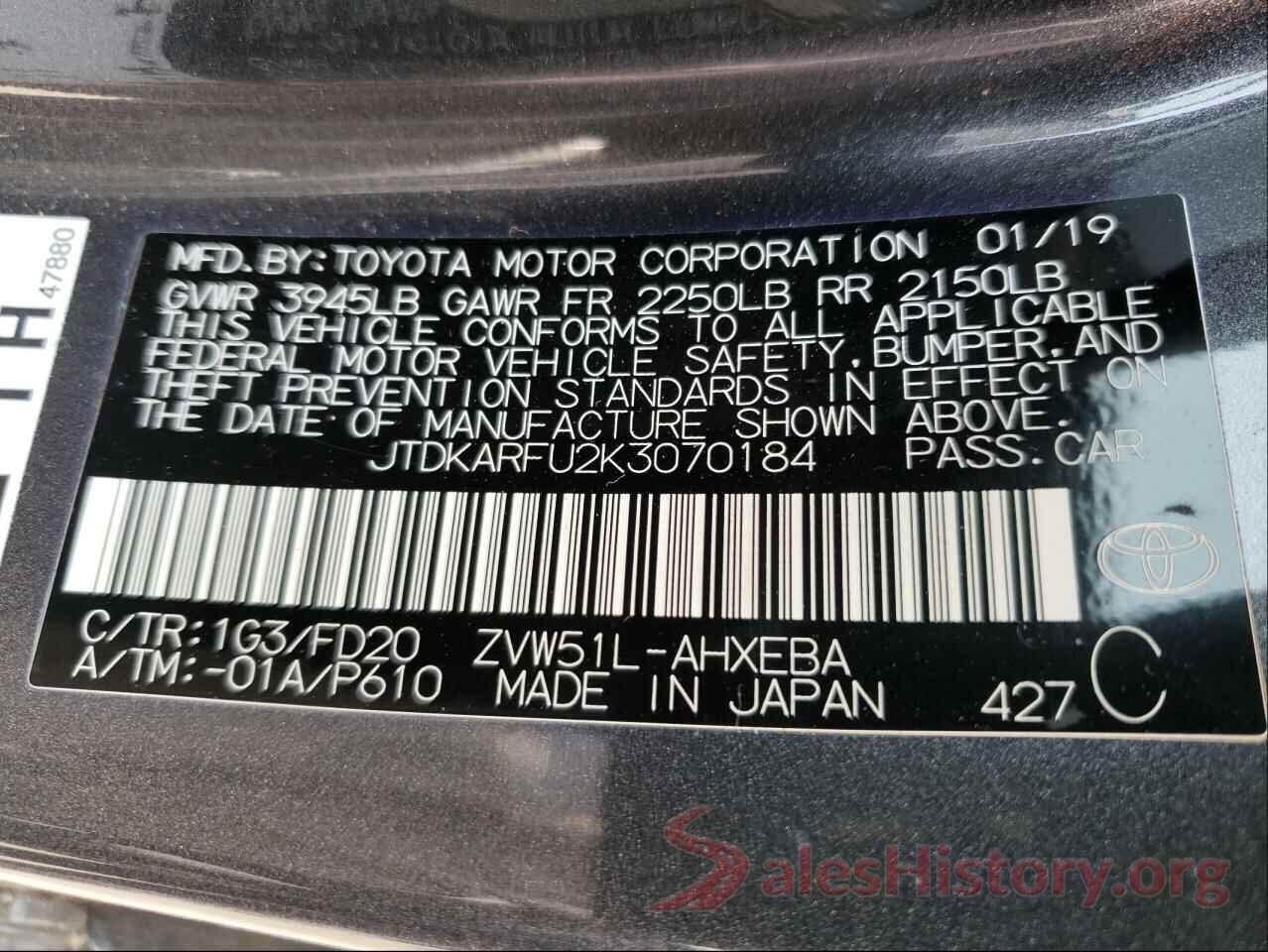 JTDKARFU2K3070184 2019 TOYOTA PRIUS