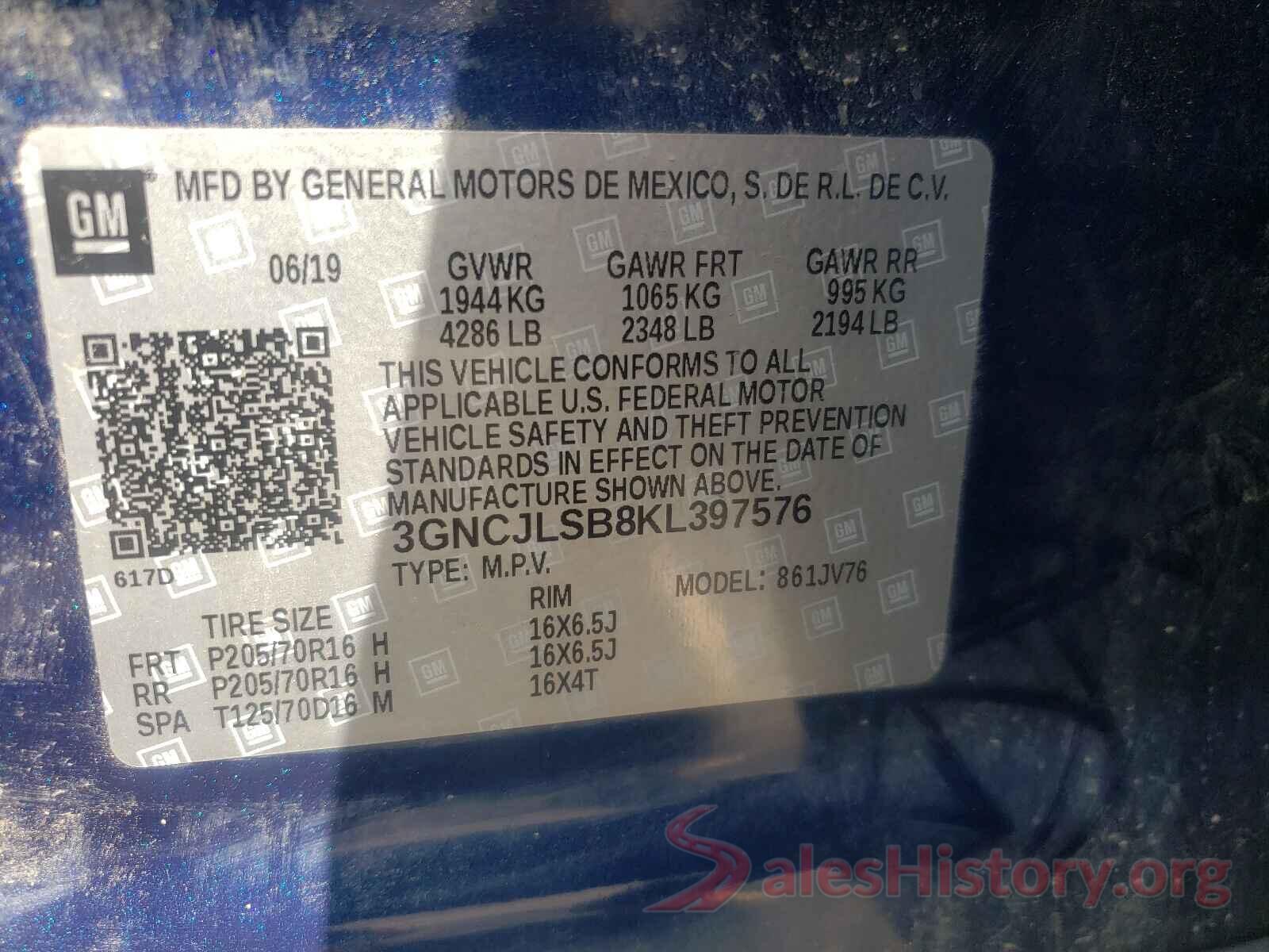 3GNCJLSB8KL397576 2019 CHEVROLET TRAX