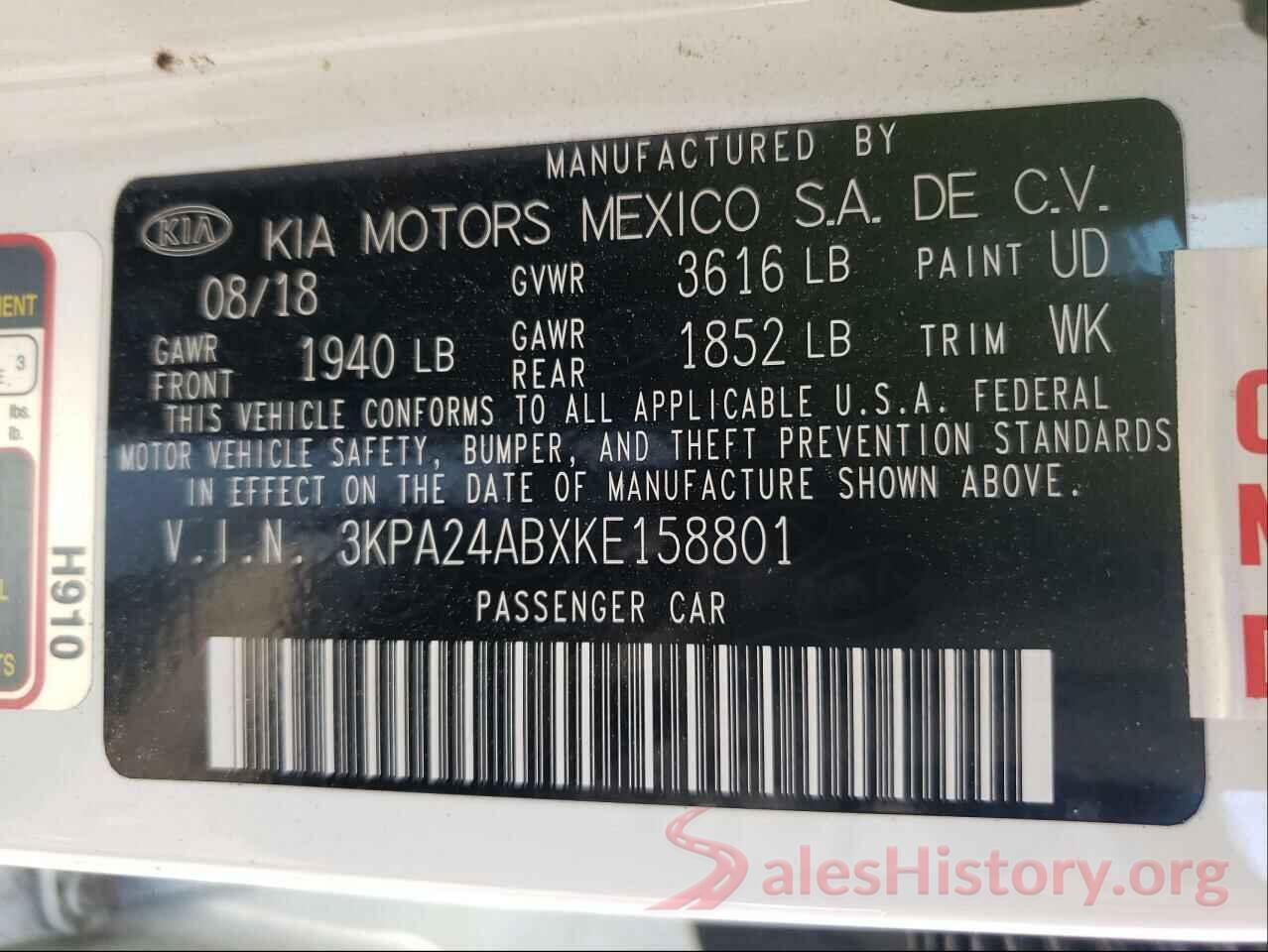 3KPA24ABXKE158801 2019 KIA RIO