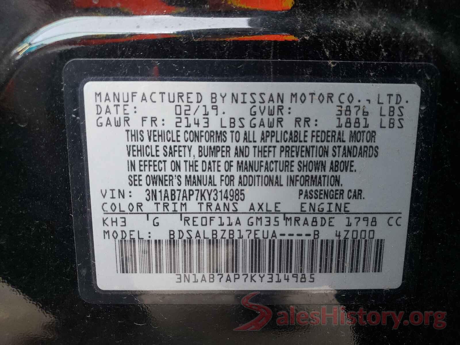 3N1AB7AP7KY314985 2019 NISSAN SENTRA