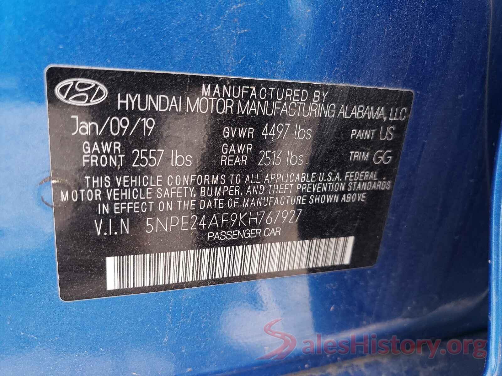 5NPE24AF9KH767927 2019 HYUNDAI SONATA