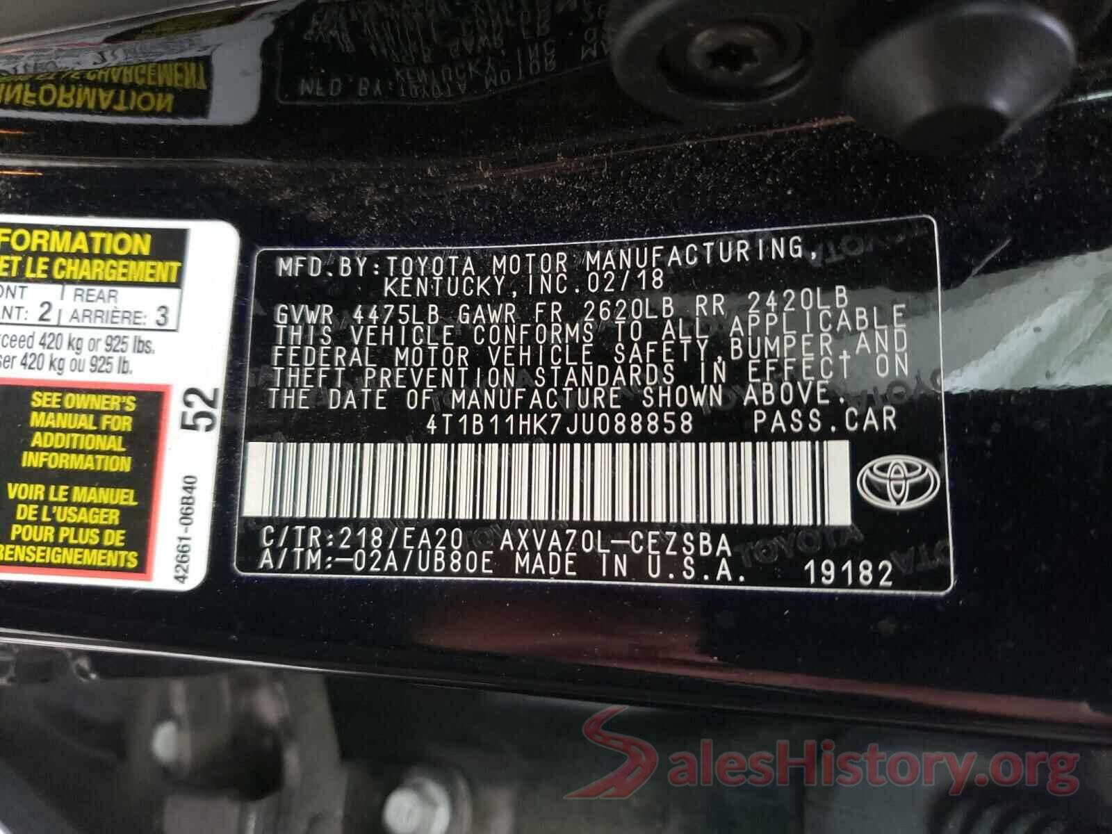 4T1B11HK7JU088858 2018 TOYOTA CAMRY