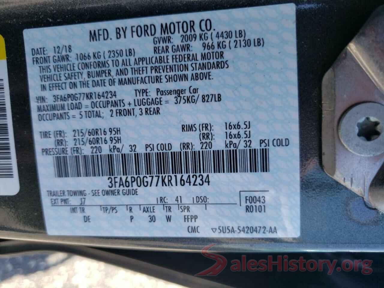 3FA6P0G77KR164234 2019 FORD FUSION