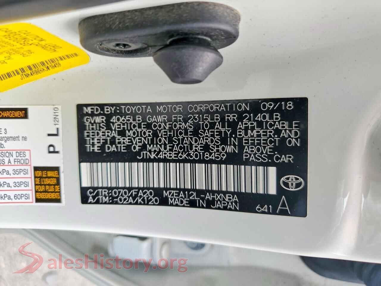 2019 TOYOTA COROLLA VIN JTNK4RBE6K3018459, wheel and tire