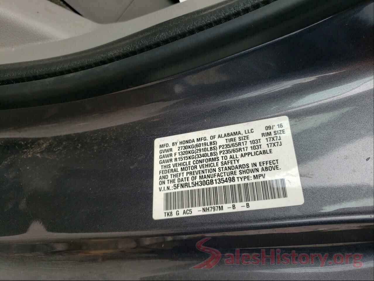 5FNRL5H30GB135498 2016 HONDA ODYSSEY