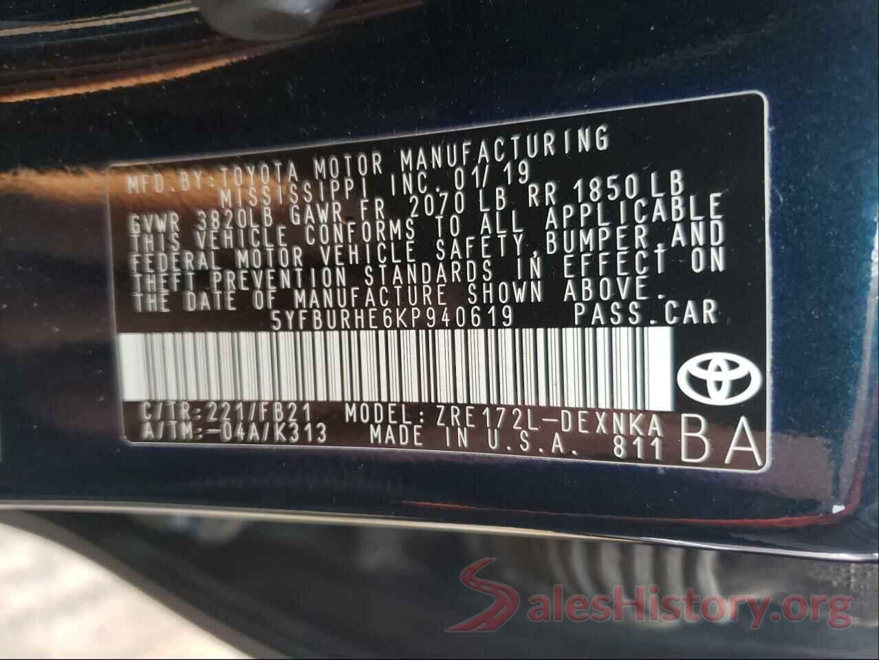 5YFBURHE6KP940619 2019 TOYOTA COROLLA