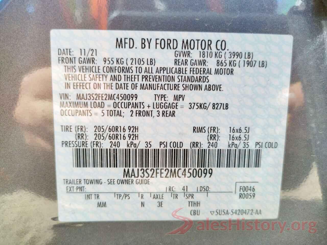 MAJ3S2FE2MC450099 2021 FORD ECOSPORT