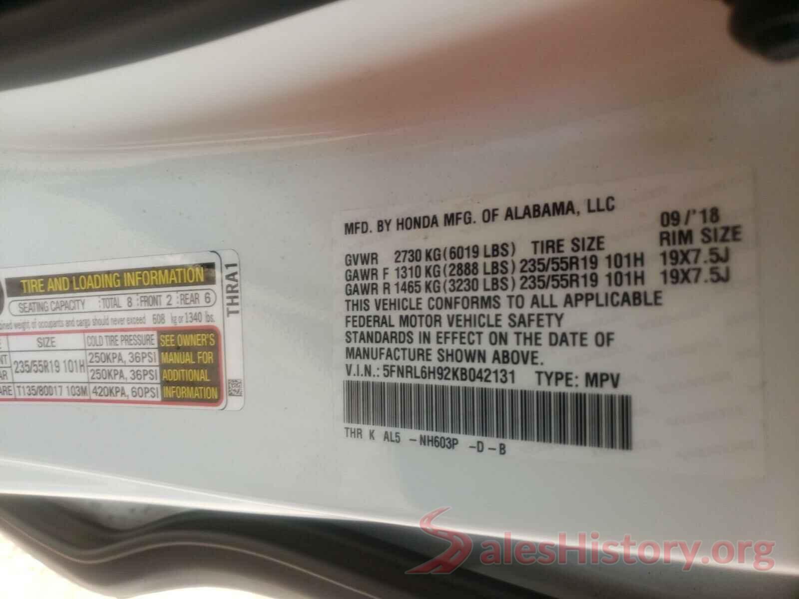 5FNRL6H92KB042131 2019 HONDA ODYSSEY