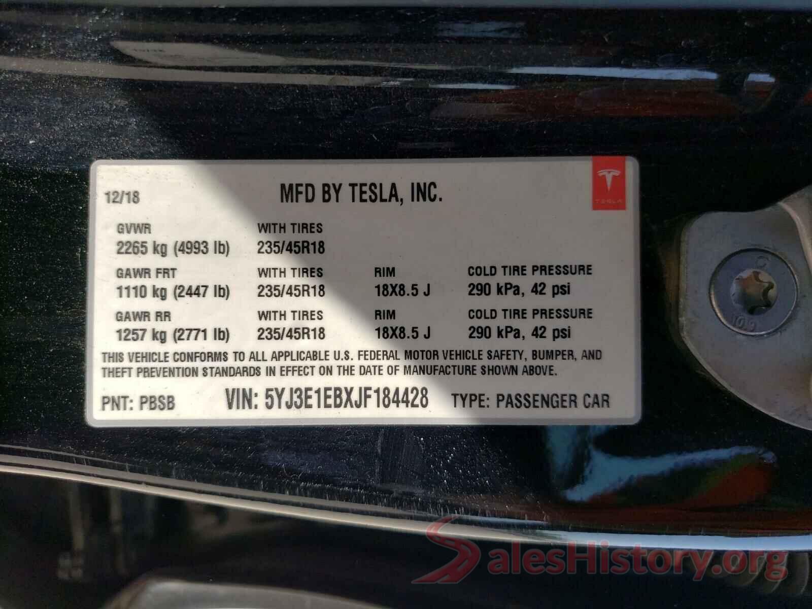 5YJ3E1EBXJF184428 2018 TESLA MODEL 3