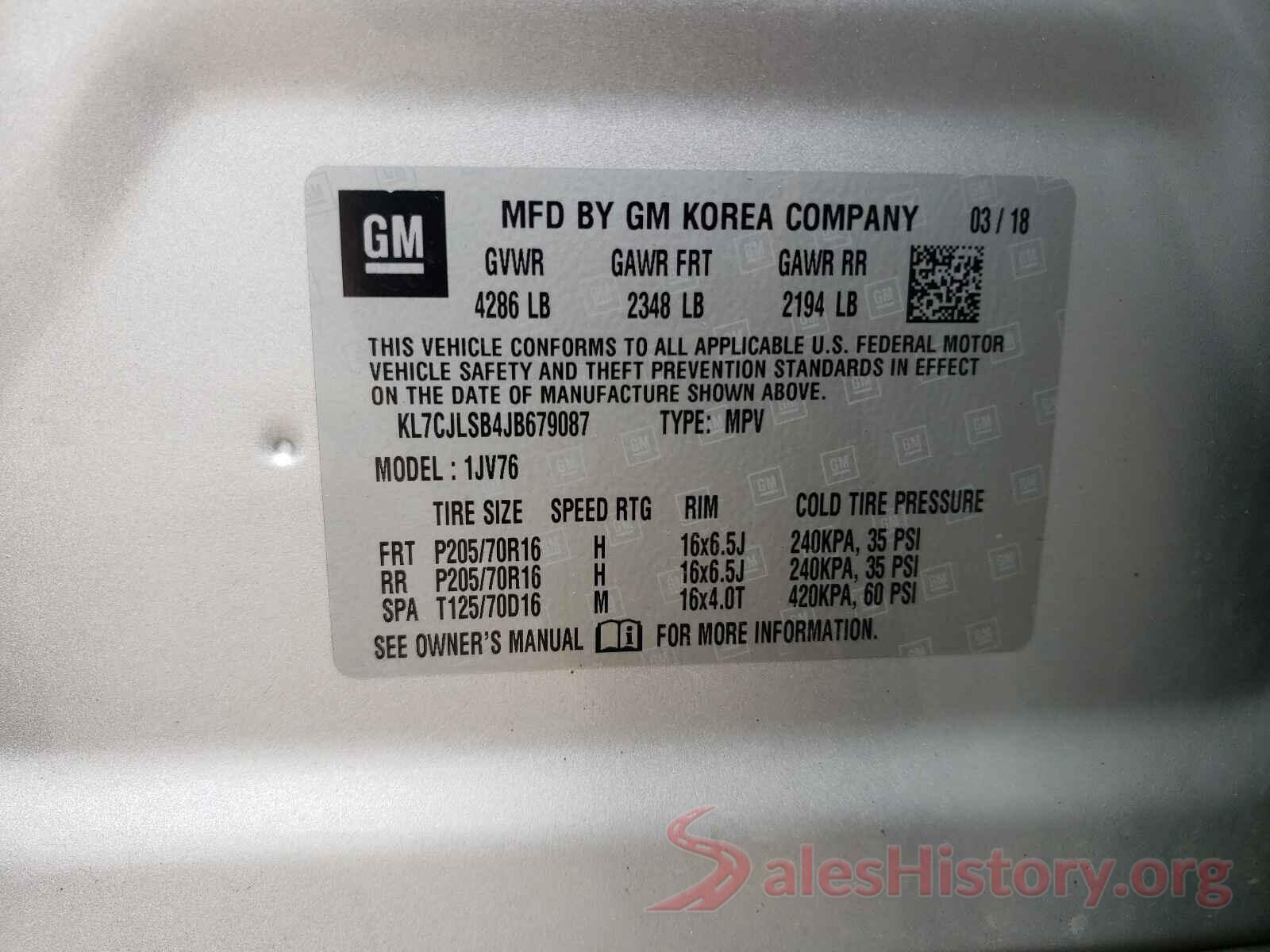 KL7CJLSB4JB679087 2018 CHEVROLET TRAX