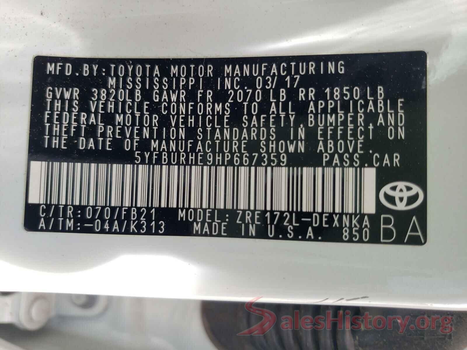 5YFBURHE9HP667359 2017 TOYOTA COROLLA