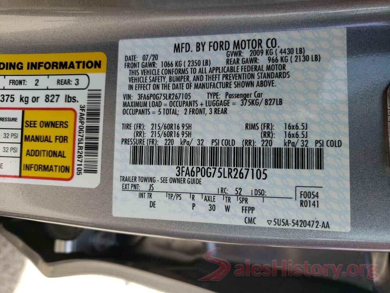 3FA6P0G75LR267105 2020 FORD FUSION