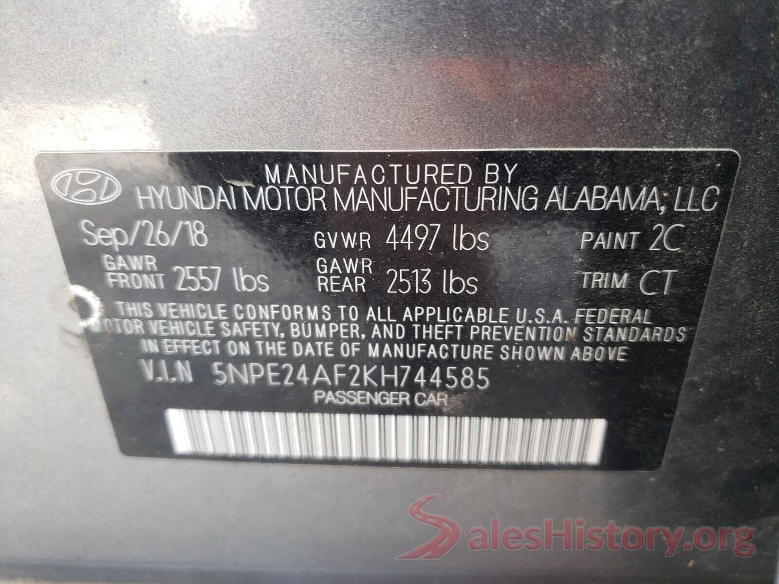 5NPE24AF2KH744585 2019 HYUNDAI SONATA