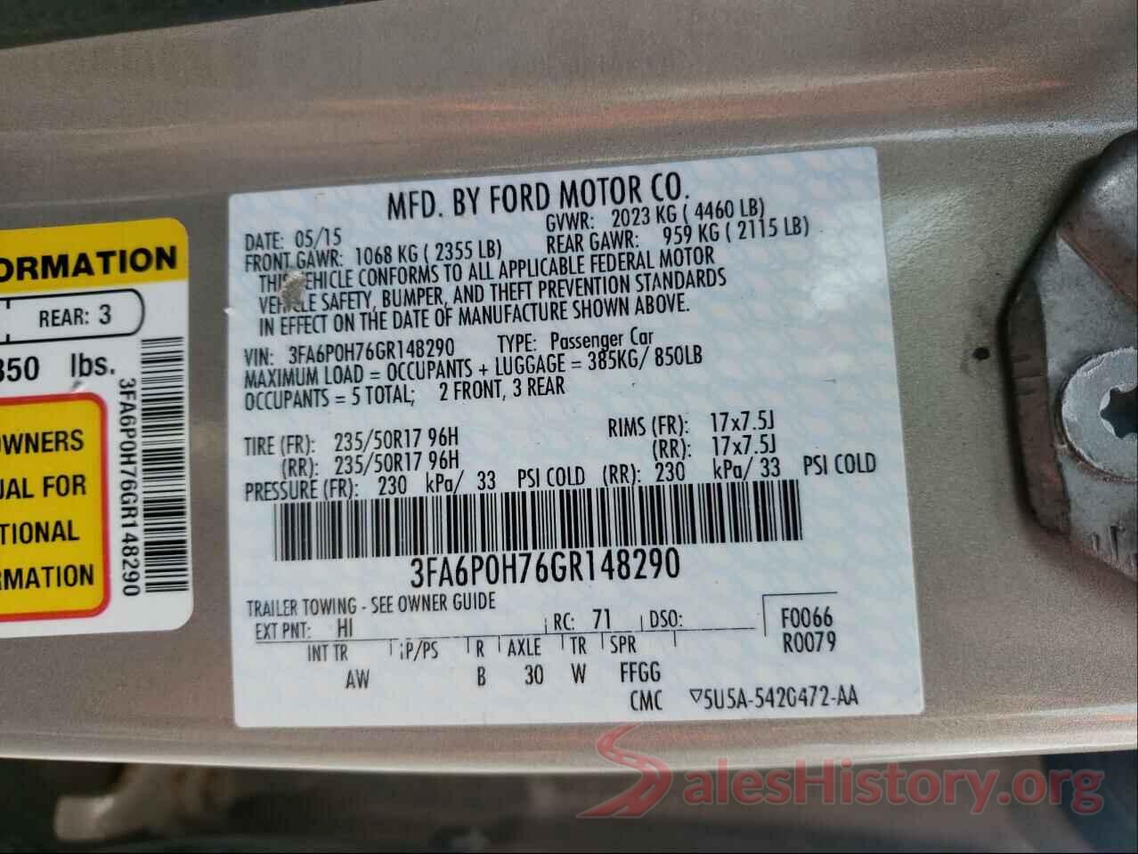 3FA6P0H76GR148290 2016 FORD FUSION