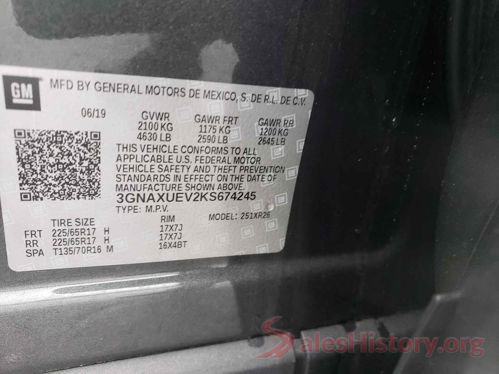 3GNAXUEV2KS674245 2019 CHEVROLET EQUINOX