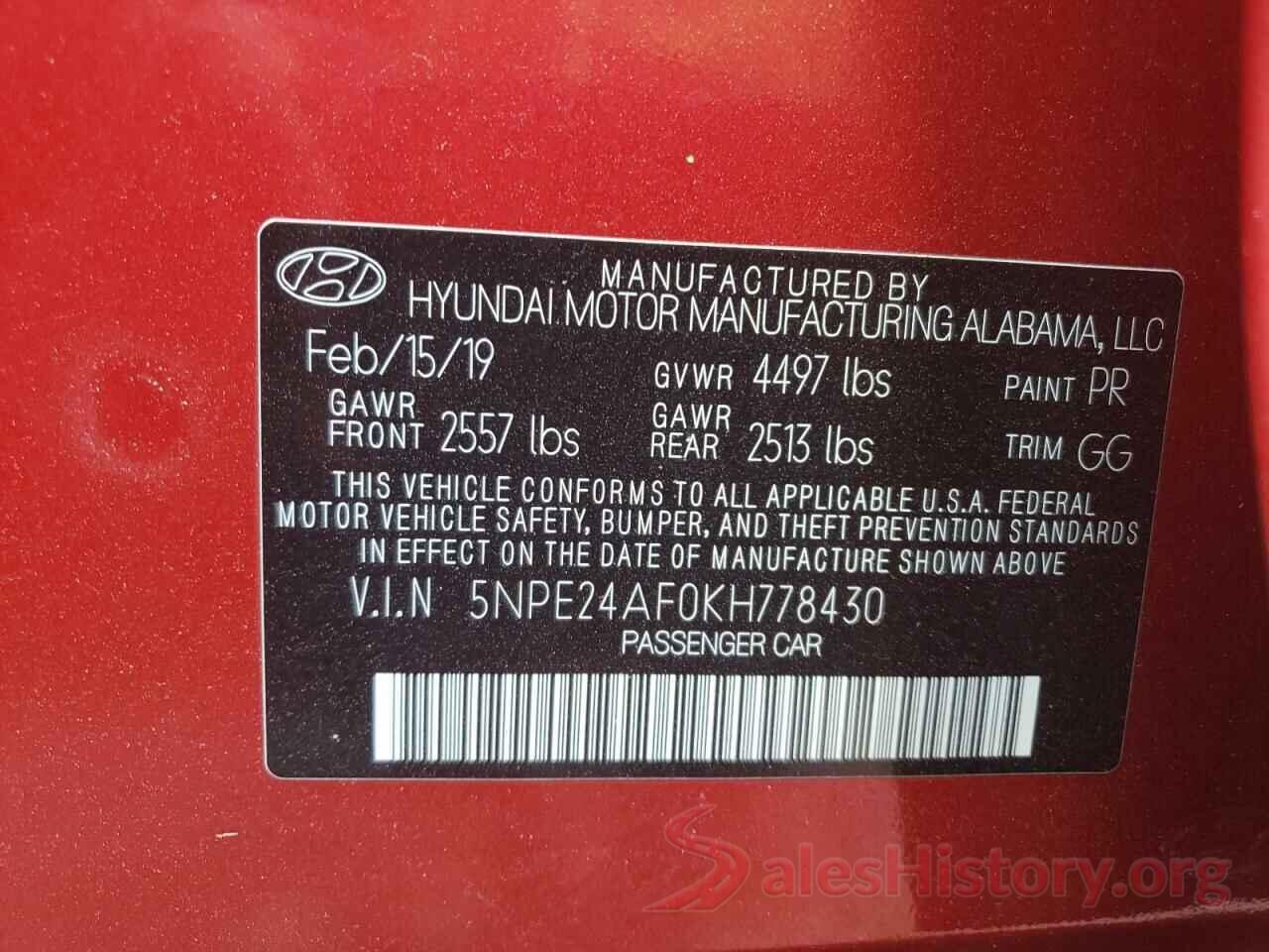 5NPE24AF0KH778430 2019 HYUNDAI SONATA