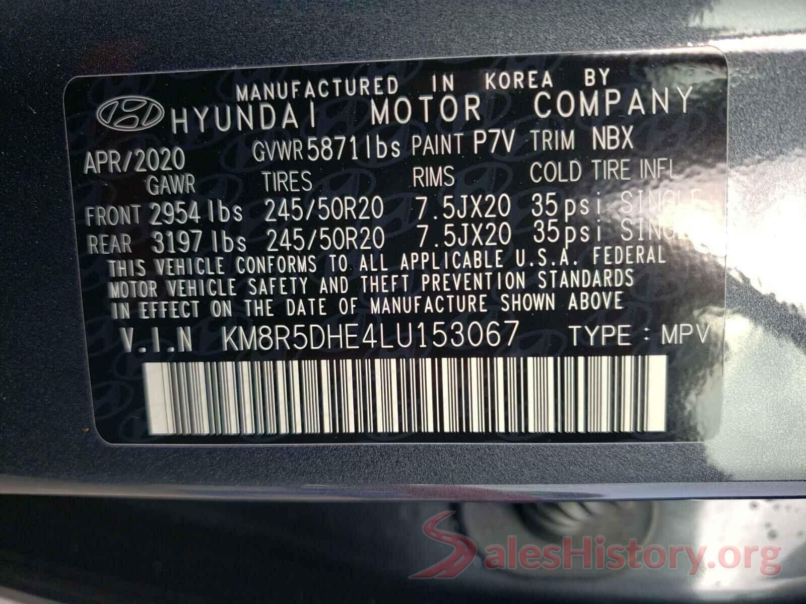 KM8R5DHE4LU153067 2020 HYUNDAI PALISADE