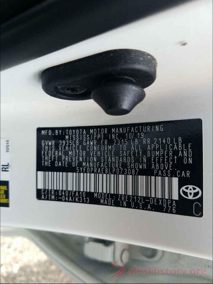 5YFDPRAE8LP073087 2020 TOYOTA COROLLA