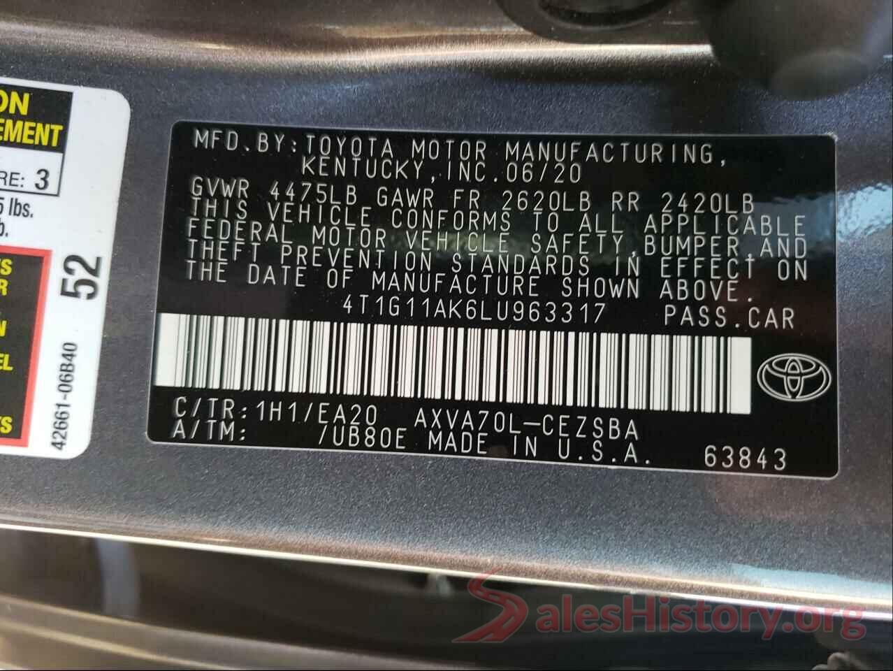 4T1G11AK6LU963317 2020 TOYOTA CAMRY