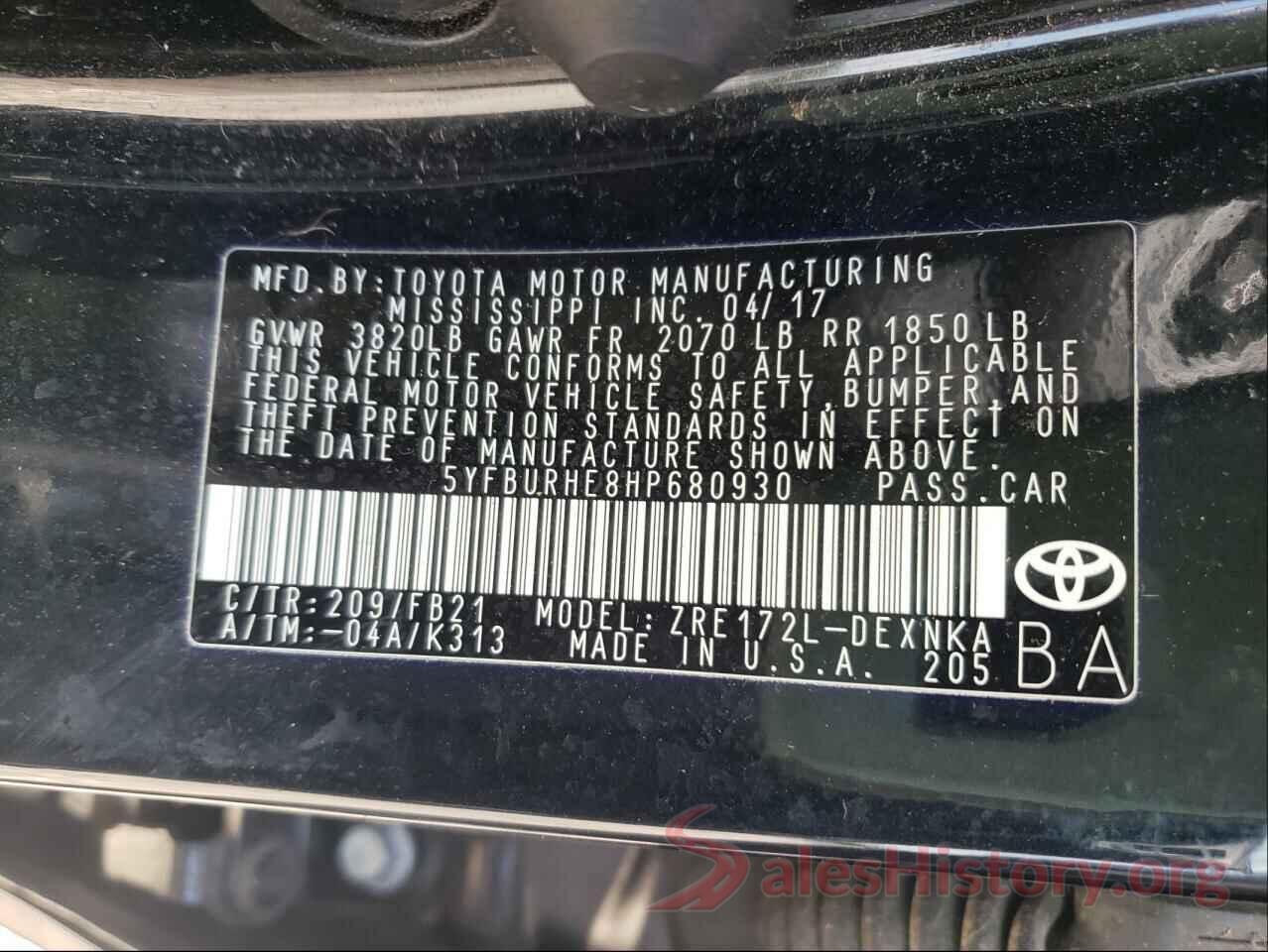 5YFBURHE8HP680930 2017 TOYOTA COROLLA