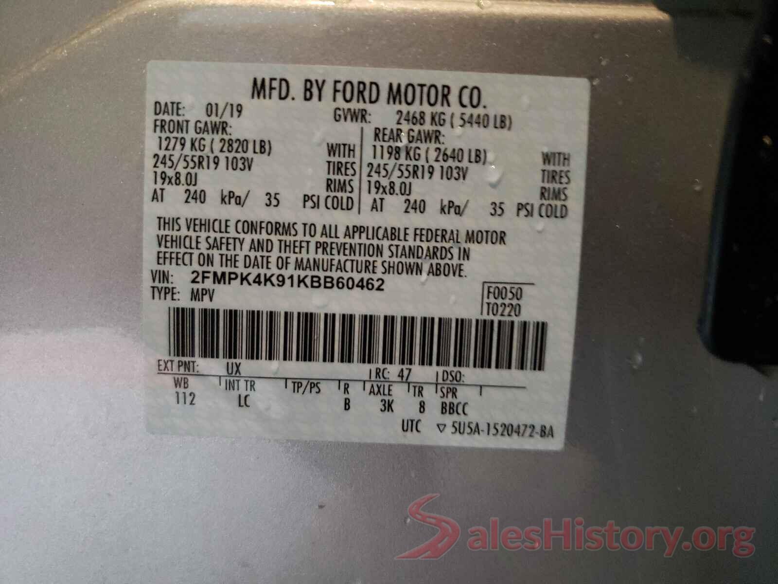 2FMPK4K91KBB60462 2019 FORD EDGE