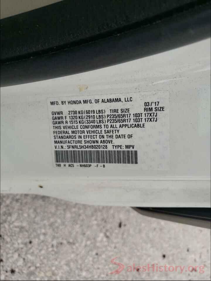 5FNRL5H34HB020128 2017 HONDA ODYSSEY