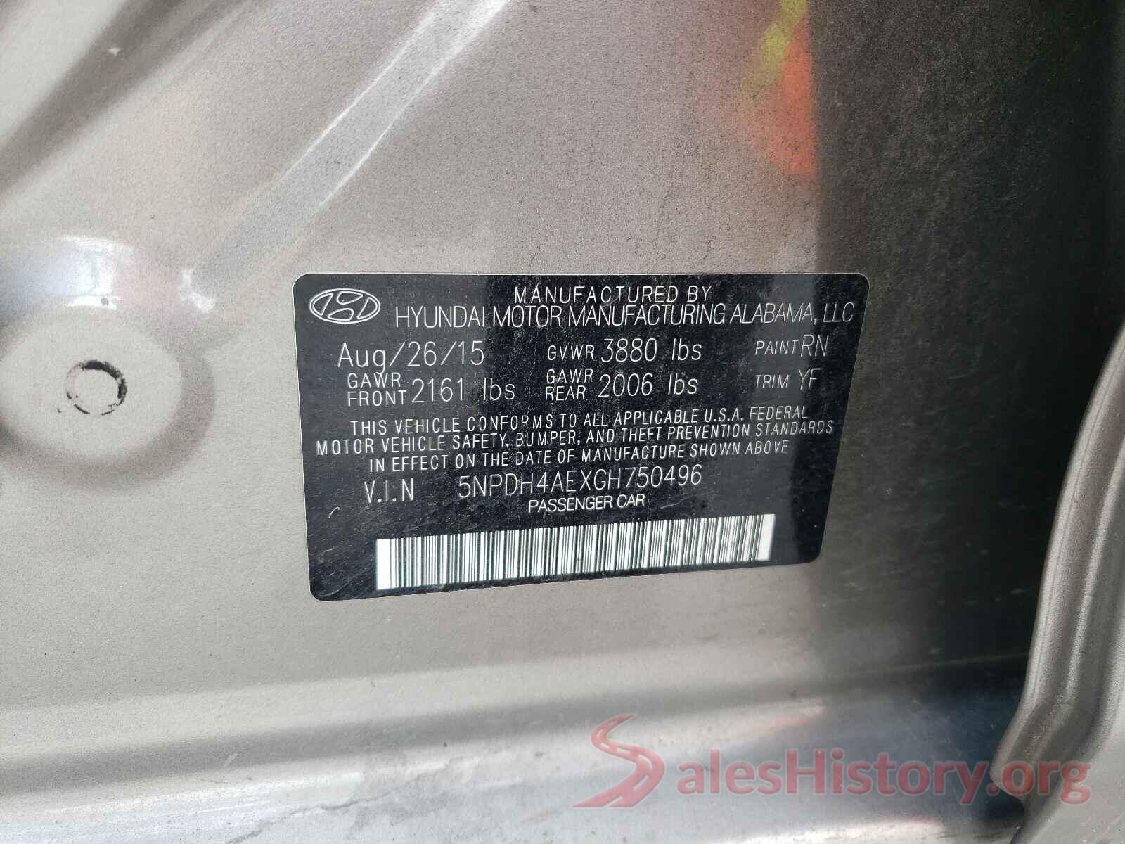 5NPDH4AEXGH750496 2016 HYUNDAI ELANTRA